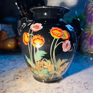 Vintage Japan Floral Black Ceramic Vase no chips no crax
